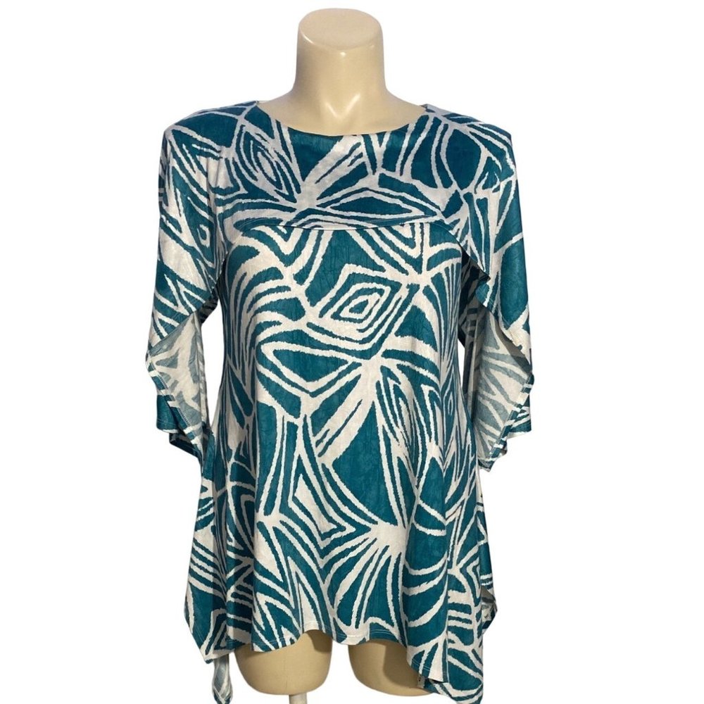 IC Connie K Top Lagenlook Hi Low Cold Shoulder Unique L Teal White Geo Cute